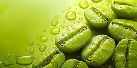 Green coffee beans with water droplets digital design background. Concept Coffee beans, Water droplets, Green, Digital design, Background