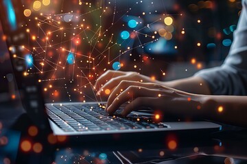 Person typing on laptop emitting many dots