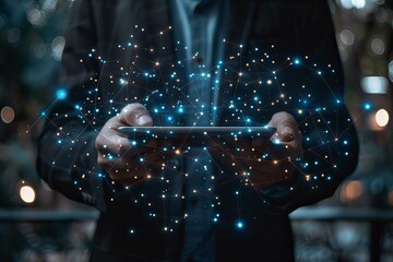 Wall Mural - Person Holding Tablet with Network of Dots and Stars