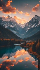 Canvas Print - AI generated illustration of a scenic lake nestled among mountains under vibrant skies