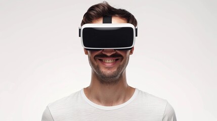 Fototapete - A man wearing virtual reality headset, smiling in awe against a white background. Generative AI