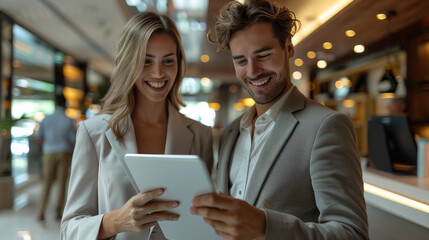 Leinwandbilder - Happy businesswoman and businessman using tablet in the office. The businessman was showing the digital screen to the woman while standing together at the hotel reception. Generative AI.