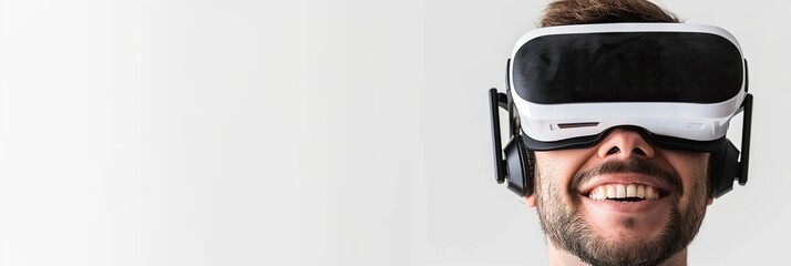 Fototapete - A man joyfully explores virtual reality, adorned with white VR goggles, against a blank backdrop. Generative AI