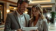 © visoot - Happy businesswoman and businessman using tablet in the office. The businessman was showing the digital screen to the woman while standing together at the hotel reception. Generative AI.