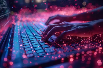 Canvas Print - Person typing on laptop with red light keyboard