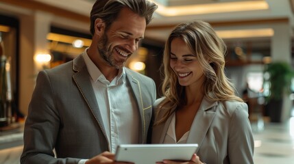 Leinwandbilder - Happy businesswoman and businessman using tablet in the office. The businessman was showing the digital screen to the woman while standing together at the hotel reception. Generative AI.