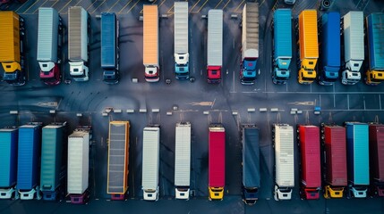 Wall Mural - A red truck is driving down a highway with many other trucks and cars