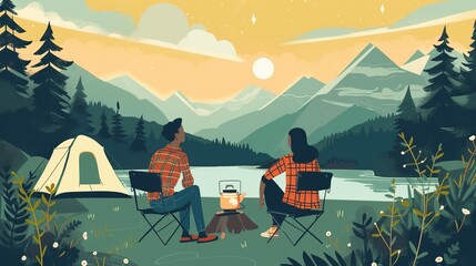 Wall Mural - Illustration of a couple camping by a lake with mountains in the background, enjoying a sunset.