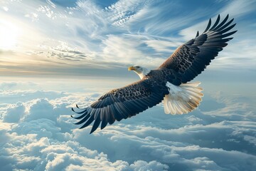 Wall Mural - A majestic eagle soars high above fluffy clouds