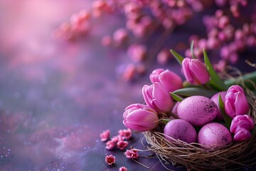 Canvas Print - Pink flowers and eggs in a nest on a table