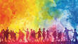 © Ratchpon - A vibrant watercolor illustration of an LGBT pride parade, with silhouettes of participants mingling and dancing under a sky painted in rainbow shades, evoking a sense of community and freedom