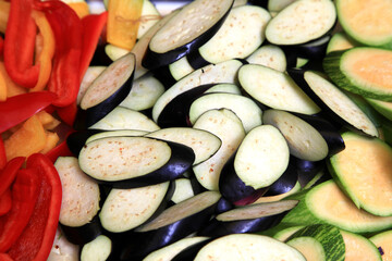 Wall Mural - View of the sliced eggplant on the tray