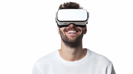 Fototapete - A man in a white t-shirt smiles while wearing virtual reality glasses against a white background. Generative AI
