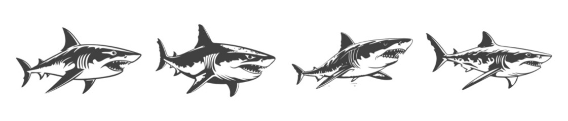 Wall Mural - shark silhouette set, black and white vector design