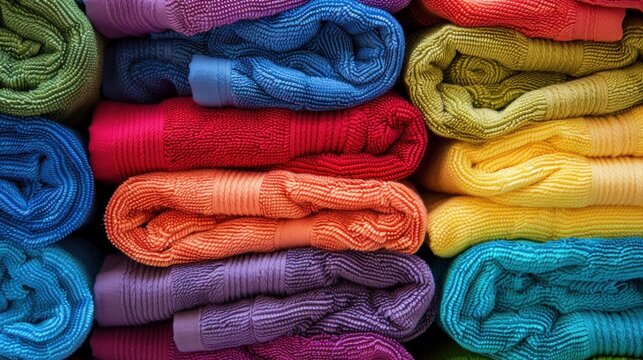 A neatly stacked pile of vibrant, multicolored towels
