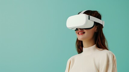 Wall Mural - Young woman joyfully smiles while wearing white virtual reality glasses, isolated on a flat pastel green background. Generative AI