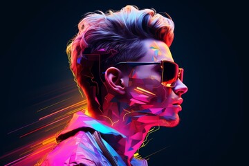 Wall Mural - Vibrant neon man portrait with digital artwork and geometric effects, glowing in cool tones against a dark abstract background, creating a futuristic, cyberpunk aesthetic