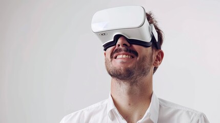 Fototapete - A man wearing a white shirt explores a virtual world through VR glasses, smiling with wonder and excitement. Generative AI