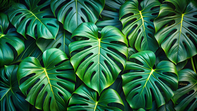 Juicy Green Monstera Leaves in Nature: Realistic and Vivid Colors. Perfect for: Earth Day, World Environment Day, National Gardening Week.