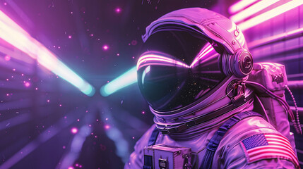 heroic astronaut in a glowing purple suit, exploring a futuristic galaxy