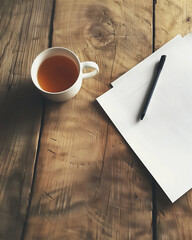 Sticker - Tea in white cup and blank paper with pen on wood table in morning light. Note Mock up