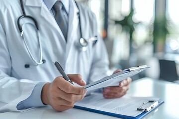 male doctor writing on clipboard with pen and clipboard