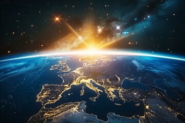 Sticker - Sun rising over europe view from space