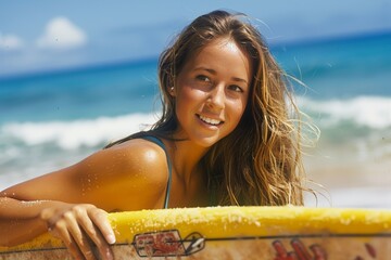 Wall Mural - a young woman with her surf board in the sea