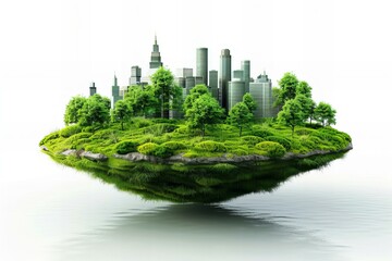 Cityscape on island with trees and grass