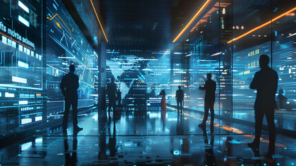 Wall Mural - futuristic technology concept. team of artificial intelligence software engineers and finance worker