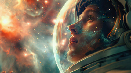 heroic cosmonaut in a glowing space suit, exploring the vast universe