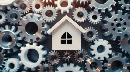 Wall Mural - An abstract depiction of a mini house model surrounded by gears and cogs, symbolizing the interconnected processes involved in real estate transactions. 