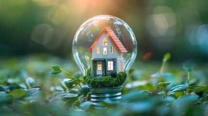 Wall Mural - A creative image of a mini house model placed inside a light bulb, representing the innovative ideas and opportunities in the real estate industry.
