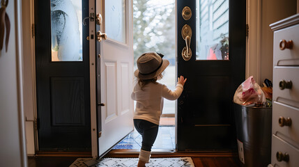 Wall Mural - Toddler opening front door of house