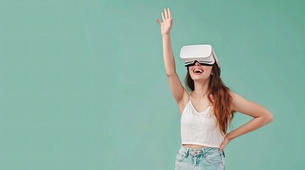 Fototapete - Smiling woman, white VR glasses, pastel green background. Generative AI studio photo. Generative AI