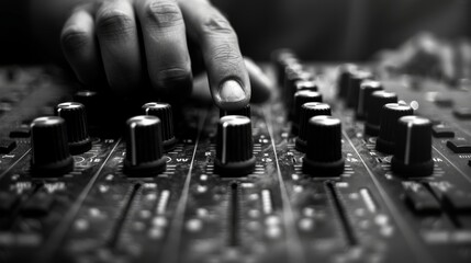 A hand is pointing at a black and white image of a soundboard with many knobs