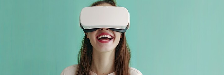 Fototapete - Young woman smiling in white virtual reality glasses on pastel green background. Generative AI