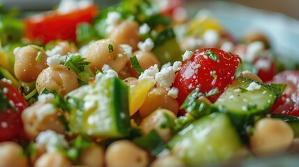 Sticker - Close-up of a chickpea salad with cucumbers, tomatoes, feta cheese, and a lemon vinaigrette