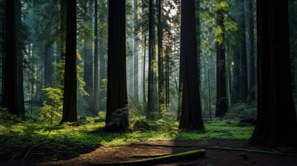 Poster - Towering redwoods in a mysterious forest.