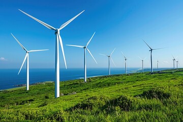 On the mountaintop by the seaside, a huge wind turbine