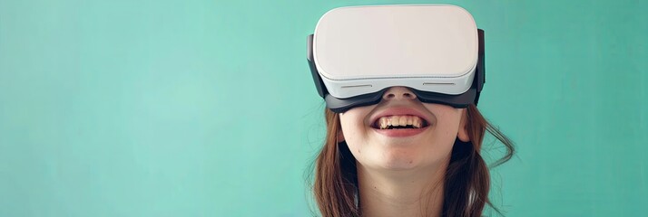 Fototapete - Young woman happily smiling while wearing a white virtual reality headset against a pastel green background. Generative AI