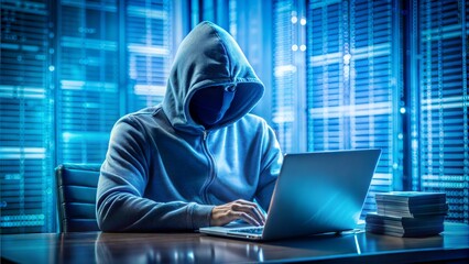 cyber attack with unrecognizable hooded hacker. hacker steal money in the office.