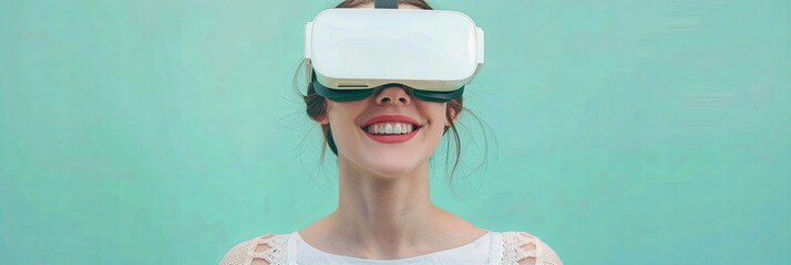 Fototapete - Smiling woman in white VR glasses on pastel green background. Young girl experiencing virtual reality. Generative AI