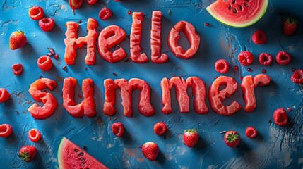 Creative summer concept featuring the phrase 'Hello Summer' carved from watermelon, surrounded by fresh strawberries and raspberries on a vibrant blue background.