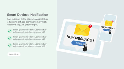 Laptop computer, Tablet computer and Smartphone mockup with New messages notification concept. New message alert and pop-up. Incoming and open messages and emails. Vector.