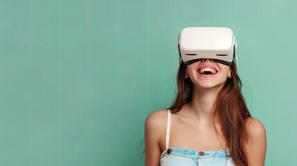 Fototapete - Joyful woman wearing white virtual reality glasses, smiling, isolated on flat pastel green background. Portrait of happy girl using VR technology. Generative AI