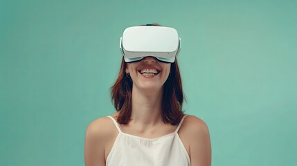 Fototapete - A woman in a white top joyfully smiles while wearing a virtual reality headset against a pastel green background. Generative AI