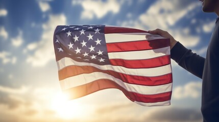 Wall Mural - Group of people waving American flags on the street.