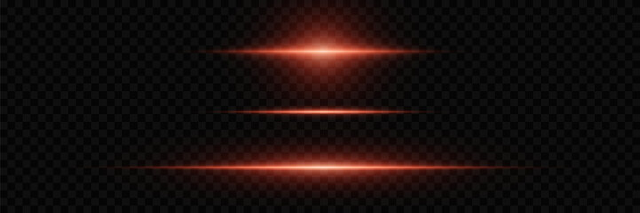 Set of red lines and light explosion. Magic neon light, horizontal beam. On a transparent background.