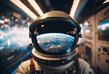 Wall Mural - AI generated illustration of an astronaut in space suit gazing at the Earth from the space